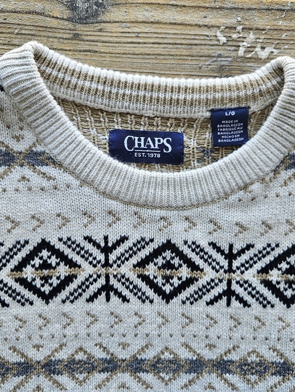 Chaps Fair Isle Nordic Sweater Large Cream Black Après Ski